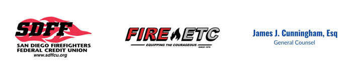 Logo: Battalion Sponsors - Fire Etc, San Diego Firefighters Federal Credit Union, James J. Cunningham, ESQ